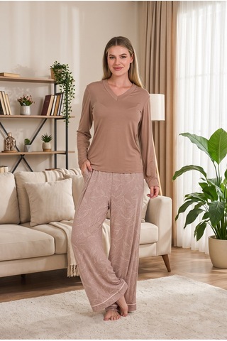 Findit Şık Tasarım Viskon Yaprak Desenli V Yaka Uzun Kollu Kadın Pijama Takımı Görsel