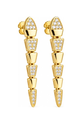 Premium Parlak Ve Şık Gold Renk Zirkon Taşlı Yılan Model 925 Ayar Gümüş Kadın Küpe Altın