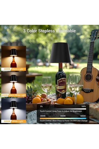 Wezone Siyah Doksanlı Led Şarap Şişesi Işığları - 3 Seviye Dokunmatik Parlaklık Ayarlı, Şarj Edilebilir, İç/ Dış Mekanlar İçin 2'li Paket Siyah