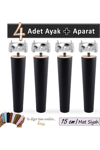 4 Adet Ahşap Ayak 15 Cm Siyah M8 Civatalı Bağlantı Aparatlı Dolap Mobilya Koltuk Kanepe Destek Ayağı Ayakları Siyah