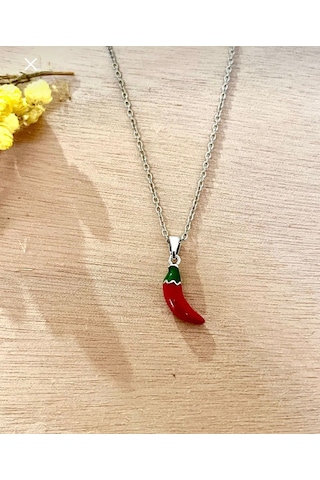 Kadın & Erkek Şık Tasarım Çelik Kırmızı Chili Biber Figürlü Takı Minimalist Şans Kolye Gümüş