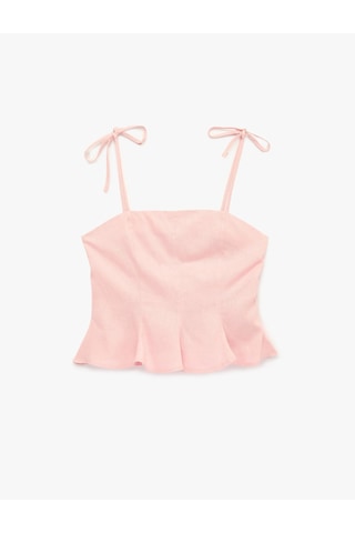 Koton Slim Fit Hafif Peplum Kesim Pileli İp Askılı Crop Keten Bluz Pembe