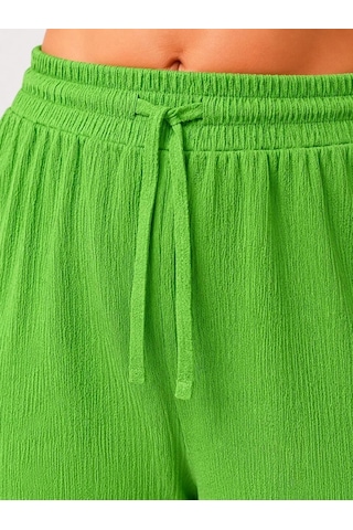 Ertaştrendstore Kadın Battal Beden Bürümcük Kumaş Beli Lastikli Bağcıklı Bol Paça Palazzo Pantolon - Yeşil Çok Renk