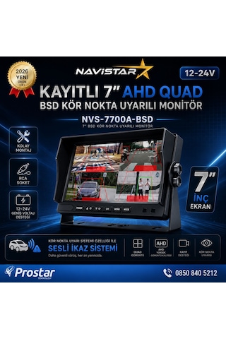 7 İnç Kayıtlı Ahd Quad Araç Monitörü - Sesli Bsd Kör Nokta Uyarılı, 12-24v, Rca Soketli
