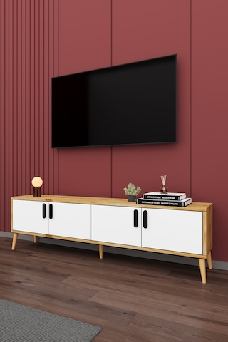 Asra Trend Tv Ünitesi T-03 %100 MDF 160 cm Tv Sehpası 4 Kapaklı Raflı Beyaz-Petra