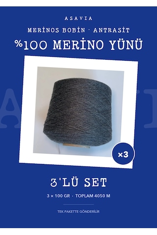 Asavia Merinos Bobin Örgü İpi 3'lü Set 3 X 100 Gr %100 Merino Yünü Antrasit