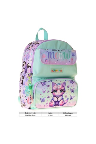 Kaukko Kids Kız Çocuk Mor Kedi Desenli Okul Çantası - Yeşil - Mor - Meow - L5288 Çok Renkli