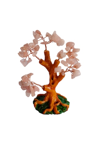 Pembe Kuvars Doğal Taşlı Hayat Ağacı Biblo - 16x14 Cm El Yapımı E