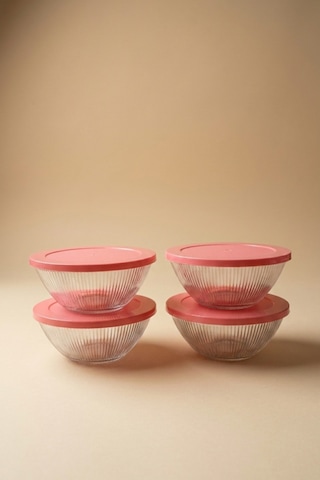 4'lü Set Çizgi Desenli Kapaklı Cam Saklama Kabı 415 Ml