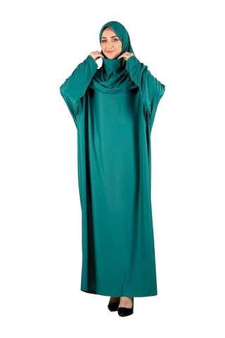 Namaz Elbisesi Eşarp Seccade Tesbih Set, İslami Giyim Takım Ferace Turban Şal Yeşil