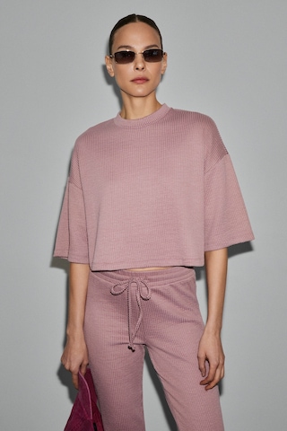 Grımelange Prıme Kadın Organik Pamuklu Bisiklet Yaka Kısa Kollu Oversize Crop Pembe T-shirt Pembe