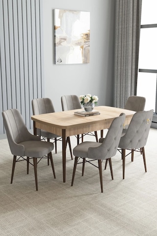Zümra Serisi, Meşe Desen 80x132 Açılabilir Mdf Mutfak Masası Takımı 6 Adet Sandalye, Gri