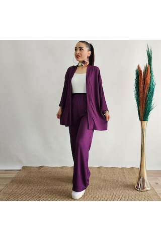İpli Mor Renk Cep Detaylı Bol Paça Kimono Takım Mor