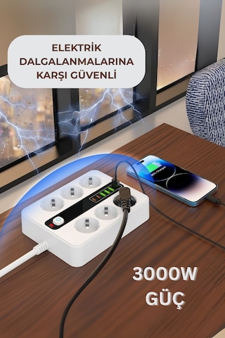 Pro P11 6x Priz 3000w Termal Akım Korumalı 4x Usb 2x Type-c Girişli Çoklu Priz 0.2 M