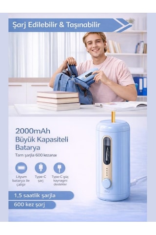 Va10 Mavi Şarjlı Otomatik Elektrikli Kalemtıraş 2000mah 5 Kademe Uç Ayarlı, 6.9-12mm Jumbo Uyumlu, Type-c, Geniş Hazneli