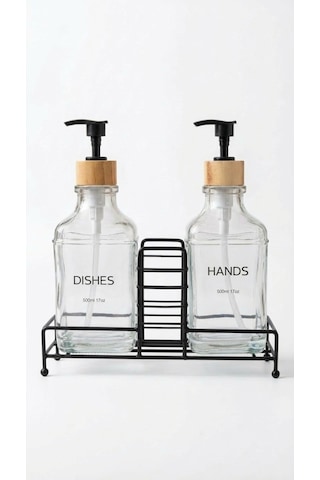 Makri Home Stantlı Bambu Kapaklı İkili Cam Sıvı Sabunluk & Deterjanlık Seti 2 500 Ml, 22,5 8,5 24 Cm Şeffaf