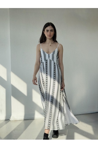Retrobird Tasarım June Askılı Yırtmaçlı Elbise Kadın Siyah - Beyaz-13908 Siyah - Beyaz
