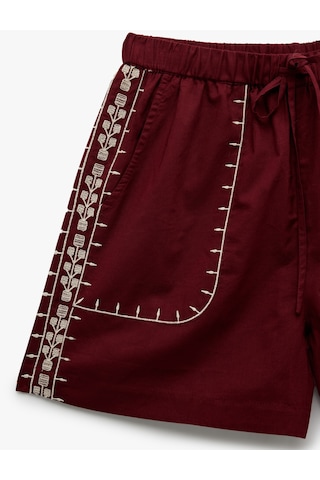 Koton Pamuklu Cepli Etnik Motifli İşlemeli Mini Mikro Şort Bordo Desenli 6sak40266uw