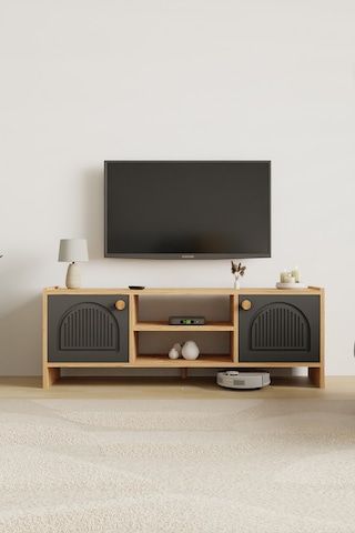 Molde Bohem Tv Sehpası Mdf Membran Kapaklı Raflı Tv Ünitesi Televizyon Sehpası Atlantik Çam - Antrasit