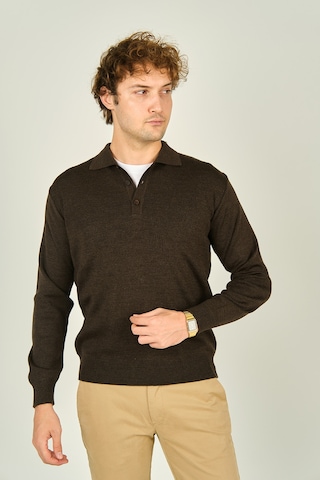 Ateş Triko Erkek Polo Yaka Düğmeli Yün Kazak 6091023 Koyu Kahve Koyu Kahve Koyu Kahverengi