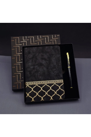 Gold Desen Siyah Deri Defter Kalem Set Çok Renkli