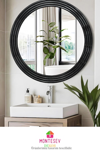 Zümrüt Ahşap Siyah Yuvarlak Ayna Işlemeli Duvar Banyo Aynası 43cm Siyah