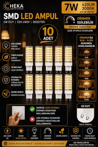 10 Adet Heka 7w Günışığı 3000k G9 Duylu Dim Edilebilir Led Kapsül Ampul