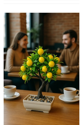 Dekoratif Limon Ağacı 23 Limonlu, Saksılı Ve Taşlı Plastik Bonsai Açık Sarı - Yeşil
