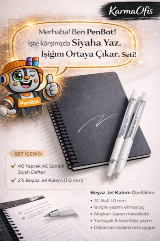 Siyah Sayfalı A6 Defter + 2 Li Beyaz Jel Kalem Seti Premium Yazım Deneyimi Siyah