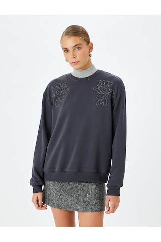 Koton Koton X Şahika Ercümen - Uzun Kollu Bisiklet Yaka Taşlı Oversize Sweatshirt Antrasit 5wak10502ek Antrasit