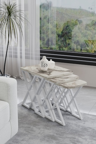 Milano 3'lü Zigon Sehpa Beyaz Metal - Beyaz Mermer Tabla