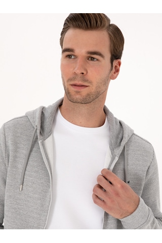 Gri Melanj Regular Fit Pamuk Karışımlı Tam Fermuarlı Sweatshirt