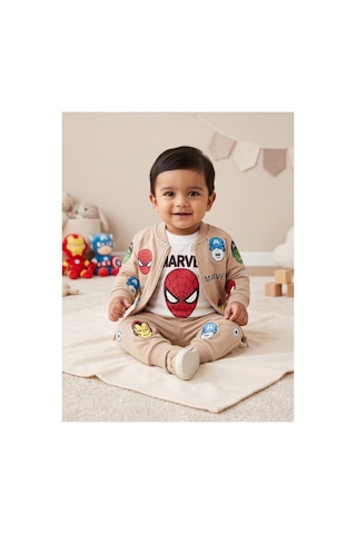 Deniva Kids Erkek Bebek Bej Fermuarlı Hırka Tshirt Ve Eşofman Altı 3'lü Takım