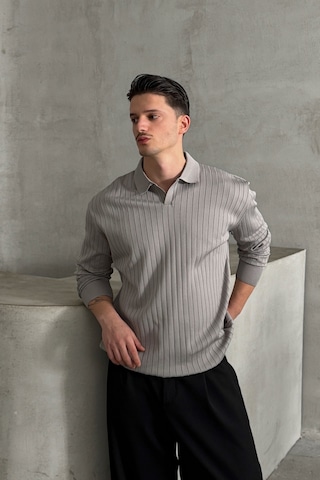 Erkek Polo Yaka Fitilli Oversize Triko Kazak Gri
