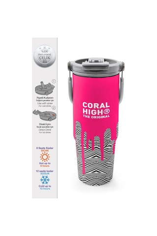 Coral High Kids Pembe Siyah Beyaz Desenli Pipetli Ve Direkt İçim Çelik Termos 900 Ml 38718 Çok Renkli