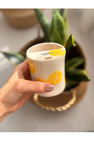 El Yapımı Limon Desenli Seramik Seyahat Kupası Beyaz - Sarı