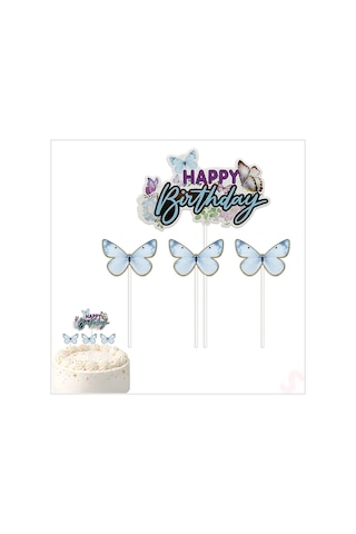 Kelebekli Happy Birthday Pasta Süsü 4 Lü Set - Mavi