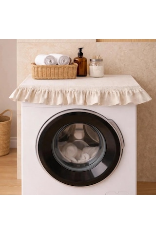 Fırfırlı Çamaşır Makinesi Örtüsü - Çeyizlik Dekoratif Banyo Makine Kılıfı- Krem