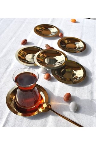 6'lı Paslanmaz Çelik Gold Çay Tabağı 10 Cm Çay Tabak Altın