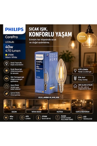 Philips Corepro Led Filament Rustik Ampul 4.3w E14 - 2700k, 470 Lümen, Cam Gövde, Kod 347267 00- 10'li Paket Diğer