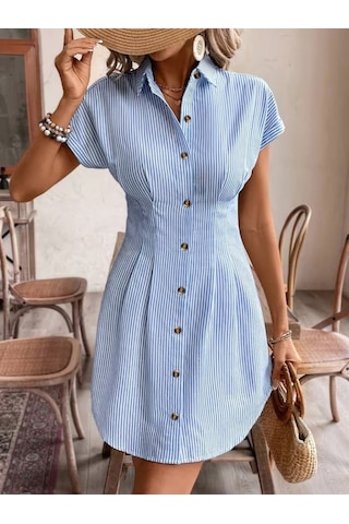 Modi Kadın Kısa Kollu Yakalı Önden Düğmeli Kısa Trikoton Elbise Açık Bej - Mavi