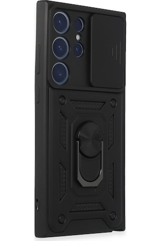 Samsung Galaxy Uyumlu S23 Ultra Kılıf Pars Lens Sürgülü Yüzüklü Standlı Korumalı Kılıf