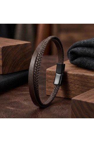 Moncuk Design Kahverengi Deri Ve Saç Örgü İkili Çoklu Çelik Bileklik 33513b12d2