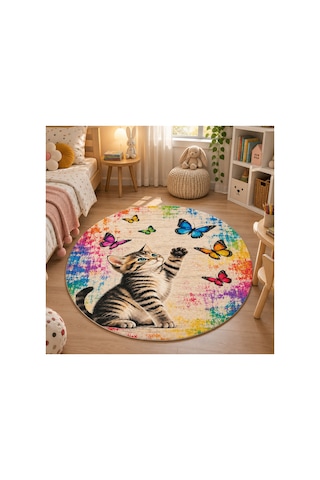 Pati Dostu Kedi Desenli Dijital Baskı Pamuk Dokuma Kaymaz Taban Salon Halısı Ve Çocuk-genç Odası Yuvarlak Renkli 923552567 Yuvarlak Renkli