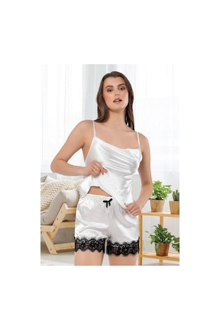 Faal 3103 Kadın Saten Degaje Yaka İp Askılı Şortlu Pijama Takım-beyaz Beyaz