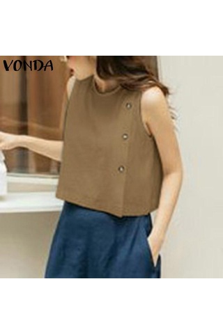 Vonda Kadın Yaz Yuvarlak Yaka Kolsuz Düğmeli Düz Renk Günlük Tank Haki