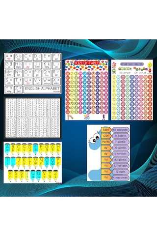 6'lı Eğitici Set 35x50 Cm Bristol Baskı Alfabe, Ritmik Sayma, Yüzlük Sayma, İngilizce Alfabe, Çarpım Tablosu, Zaman Tablosu 7