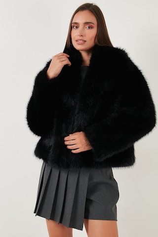 Lela Oversize Fit Gömlek Yaka Cepli Astarlı Mont Bayan Kürk 497Berry Siyah