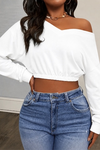Tarz Cool Kadın Omuz Dekolteli Lastikli Crop Sweatshirt %100 Pamuk Beyaz