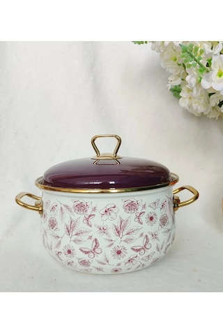 22 Cm Lila Vintage Çiçek Emaye Tencere 3,75 Litre Süt Yoğurt Güveç Tenceresi Lila